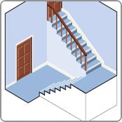 Staircase with half landing suitable for a curving track stairlifts